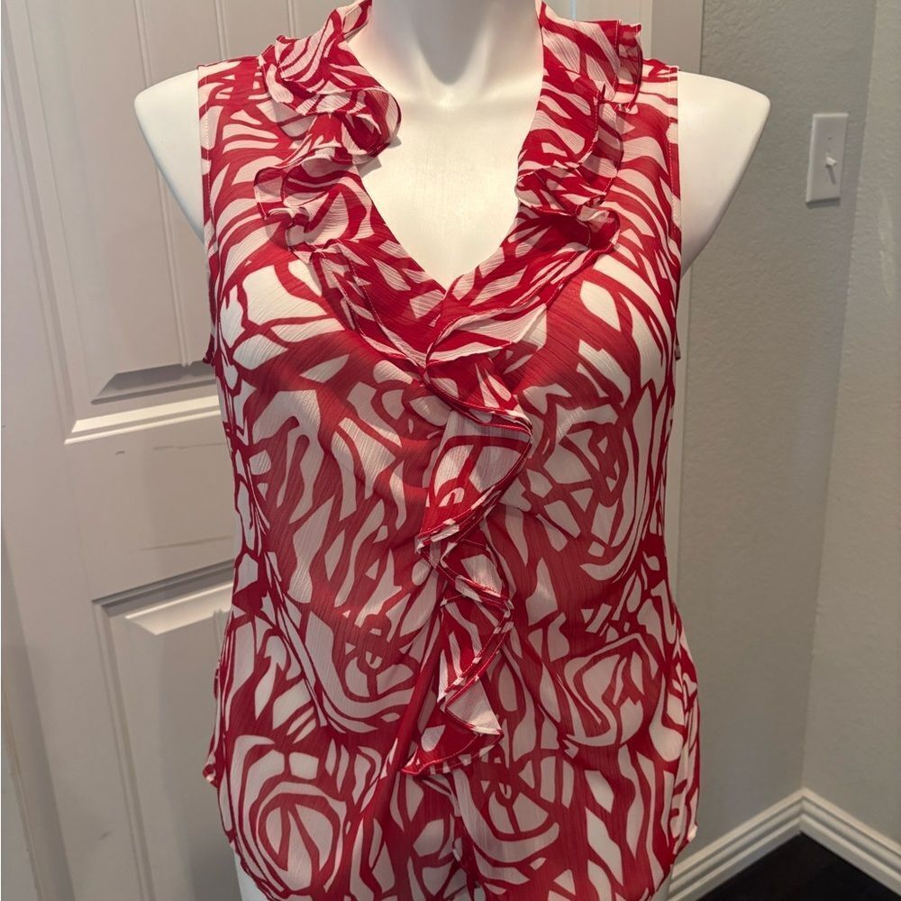 Lafayette 148 New York Red and White Ruffled Blouse